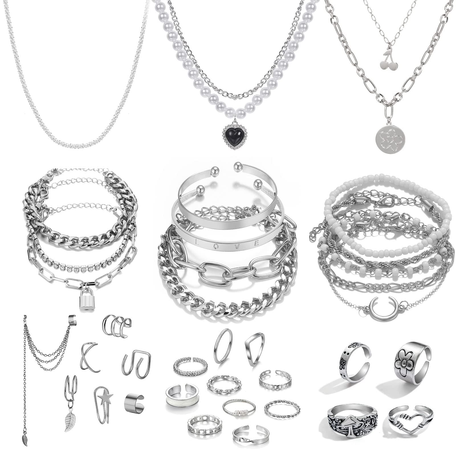 IFKM Silver Plated Jewelry Set - 36 Piece Set with 3 Necklaces, 12 Bracelets, 7 Ear Cuffs & Earrings, 14 Knuckle Rings for Women - Valentine, Anniversary, Birthday & Friendship Gifts