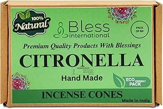 Bless International Citronella 100%-Natural-Incense-Cones Handmade-Hand-Dipped Organic-Chemicals-Free for-Purification-Relaxation-Positivity-Yoga-Meditation The-Best-scents (60 Count)