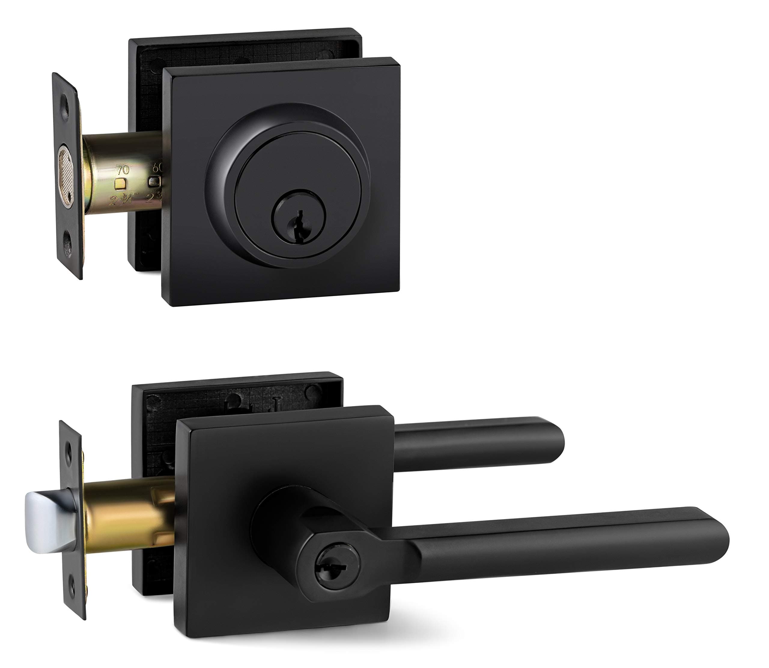 Berlin Modisch Entry Lever Door Handle and Single Cylinder Deadbolt Lock and Key Slim Square Locking Lever Handle Set [Front Door or Office] Right & Left Sided Doors Heavy Duty – Iron Black Finish