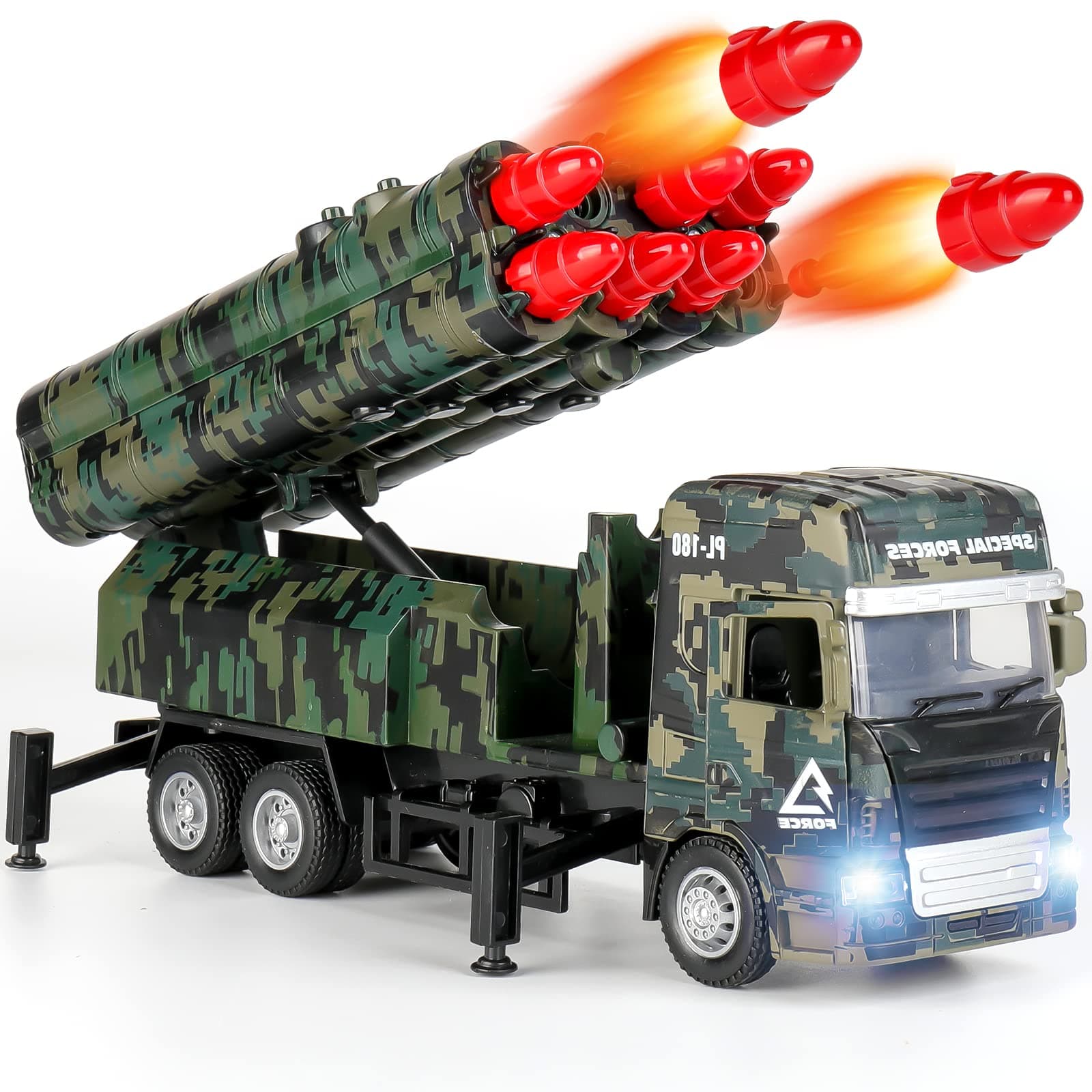 Missile Launch Toy Vehicle, Missile Launchable Alloy Truck, Pull Back Military Vehicle Model, Lights & Sounds Pretend War & Action, 8 Missiles Military Die Cast Car Fighting Truck Gift for Boys