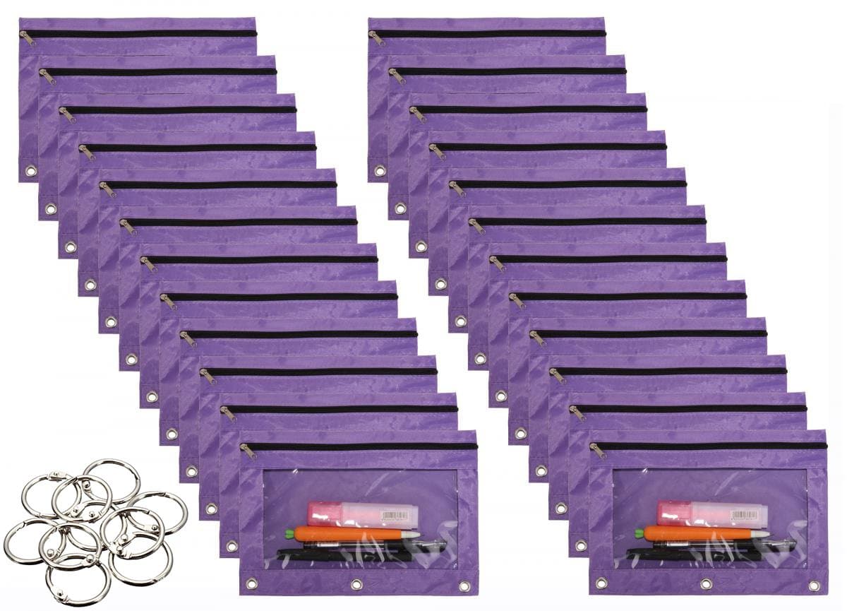 Wodison 24 Packs 3 Ring Binder Pen Pencil Case Pouch Bulk Set Stationery Bag for School Class Office Purple