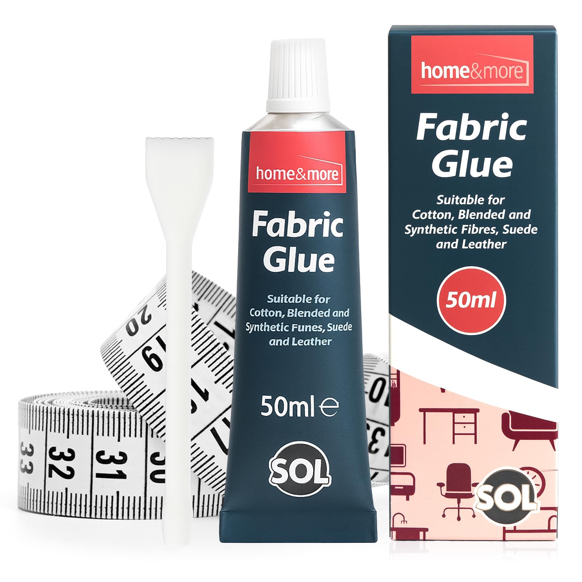 SOL 50ml Fabric Glue Strong with Spreader - Adhesive for Fabrics, Crafts, Upholstery, Material, Badges, Textile, Felt or Wool - Waterproof, Flexible, Fast Drying, Durable Bond