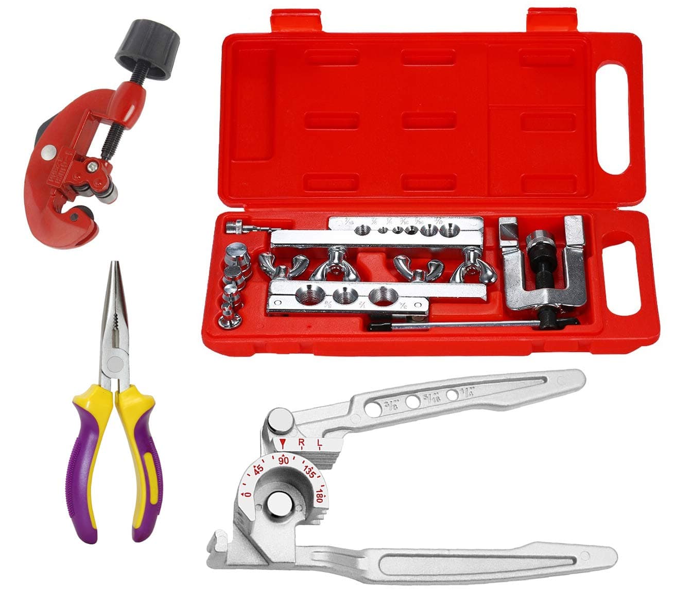 8PCS Heavy-Duty Flaring Tool Kit | Manual Double Flaring Expander Set | Steel Tube Swaging Kit with 3-in-1 Tubing Pipe Bender, 3-28mm Copper Pipe Cutter & Nose Plier