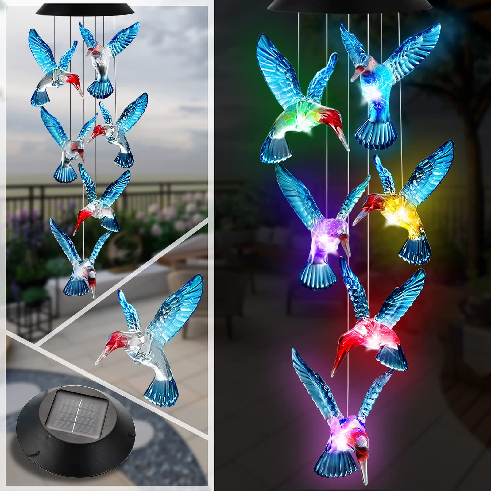 Ousenone Solar Wind Chimes - Outdoor Color Changing Light Up Wind Chimes - Memorial & Birthday Gifts for Mom - Hummingbird Design (Blue)