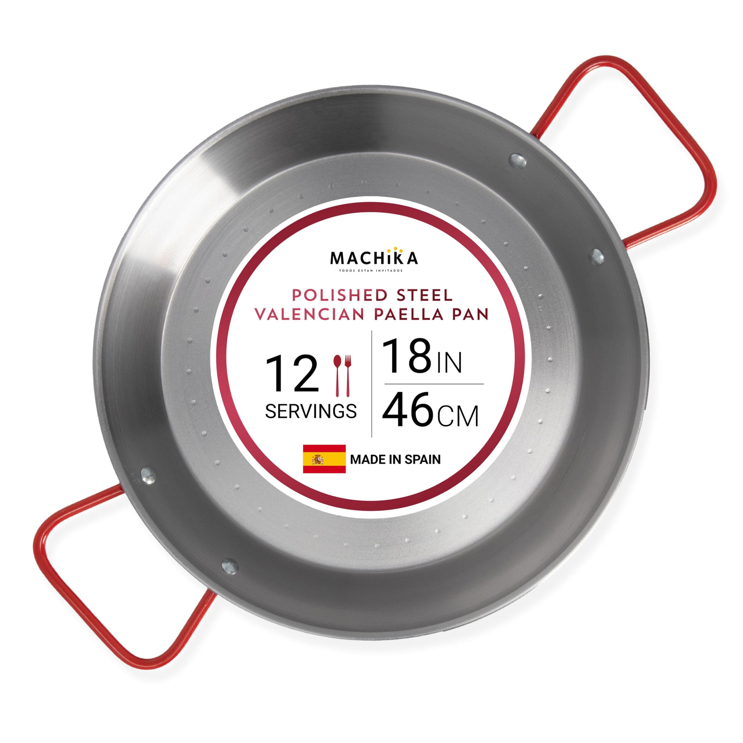 Machika Polished Paella Pan, Professional-Grade Carbon Steel Skillet for Authentic Spanish Cuisine, Durable Carbon Steel Pan with Even Heat Distribution, Convex Design, 18 inches/12 Servings