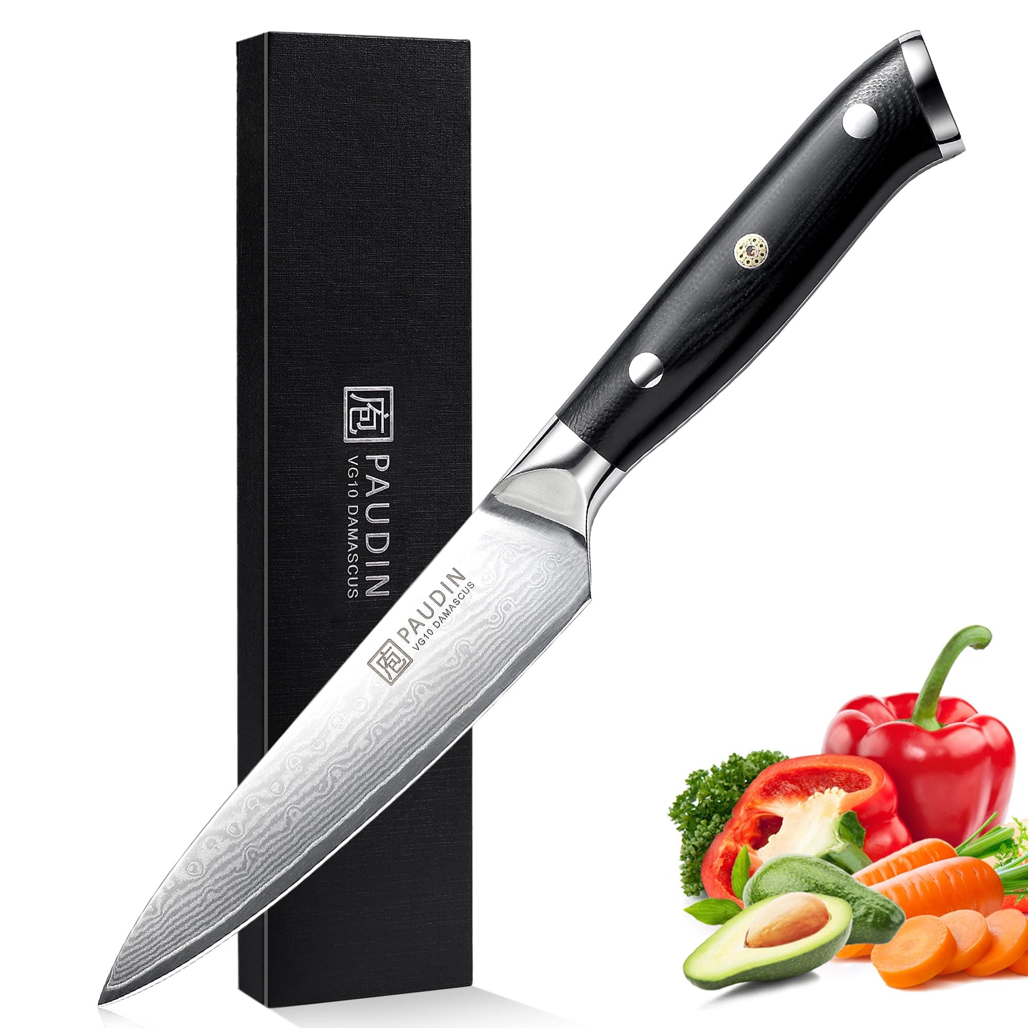 PAUDIN Utility Knife, Damascus Kitchen Knife, 67-Layer Forged Blade, Ultra Sharp Edge, Full Tang G10 Handle with Triple Rivets, 5'' Paring Knife for Cutting Fruit and Vegetables