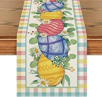 Artoid Mode Buffalo Plaid Daisy Egg Easter Table Runner, Seasonal Kitchen Dining Table Decoration for Indoor Home Party 13x120 Inch