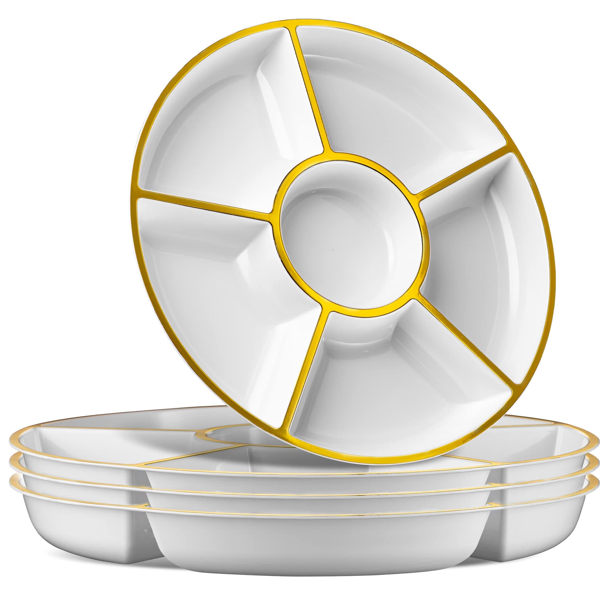 6 Sectional Round Plastic Serving Tray/Platter (2, White & Gold)
