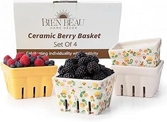 Ceramic Berry Basket, Farmhouse Colander, Farmers Market square Bowl. Rustic Kitchen decor fruit bowls, Fruit Baskets, Yellow, White and floral pattern Stoneware Harvest Bowls Set of 4
