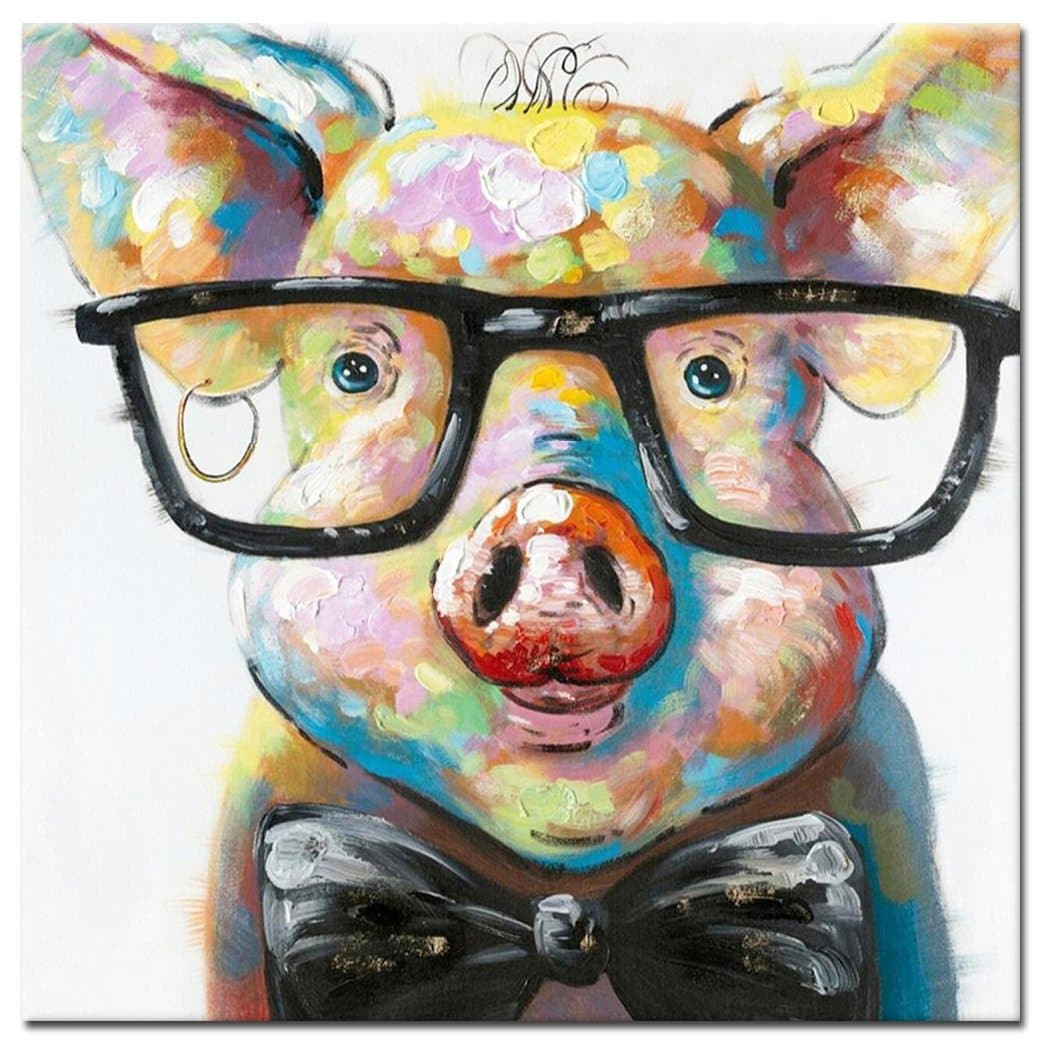 Hand Painted Cute Pig with Glasses Pop Wall Art Canvas Painting Framed Ready to Hang