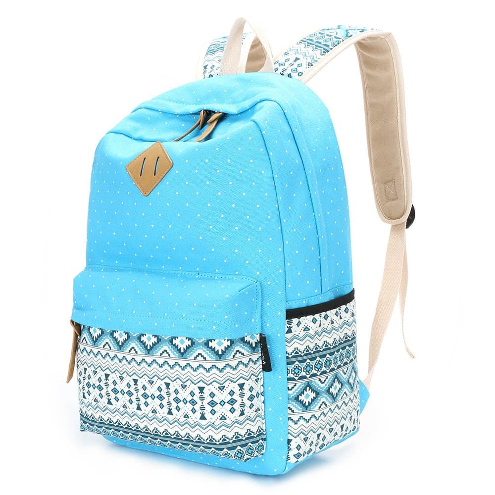 Upgraded Imyth Canvas Backpack Lightweight Casual Shoulder School Bag Daypack Laptop Bag for Girls (Large Lake Blue)