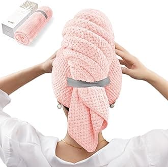 YFONG Large Hair Towel Wrap for Women, Super Absorbent Microfiber Hair Towel for Curly Hair, Fast Drying Hair Turbans with Elastic,Hair Drying Towel Wrap for Hair Care 26.3" X 40" (Pink)