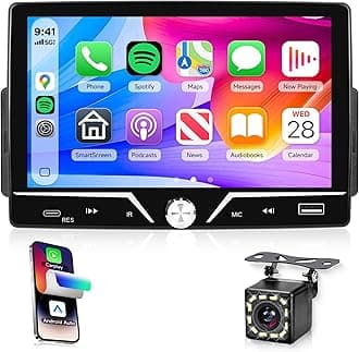 Rimoody Single Din Car Stereo Carplay Android Auto, 1 Din Radio with Bluetooth 5.0, 7" Touch Screen, Car Audio Receiver with Backup Camera, EQ, Steering Wheel Control, USB &Type-C, FM, Mirror Link