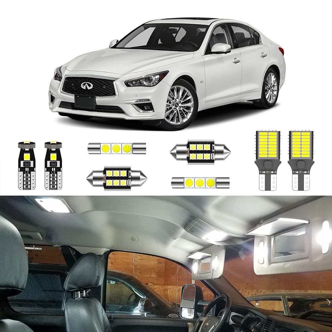 10PCS Super Bright White LED Interior Light Kit Package for Infiniti Q50 2014 2015 2016 2017 2018 2019 2020 + License Plate Lights and Install Tool
