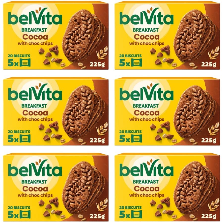 Biscuits & Cookies Bundle with Belvita Cocoa Choc Chips Breakfast Biscuits 225g - 6 Pack | 5 Wholegrains & Natural Source of Fibre, Suitable For Vegetarians.