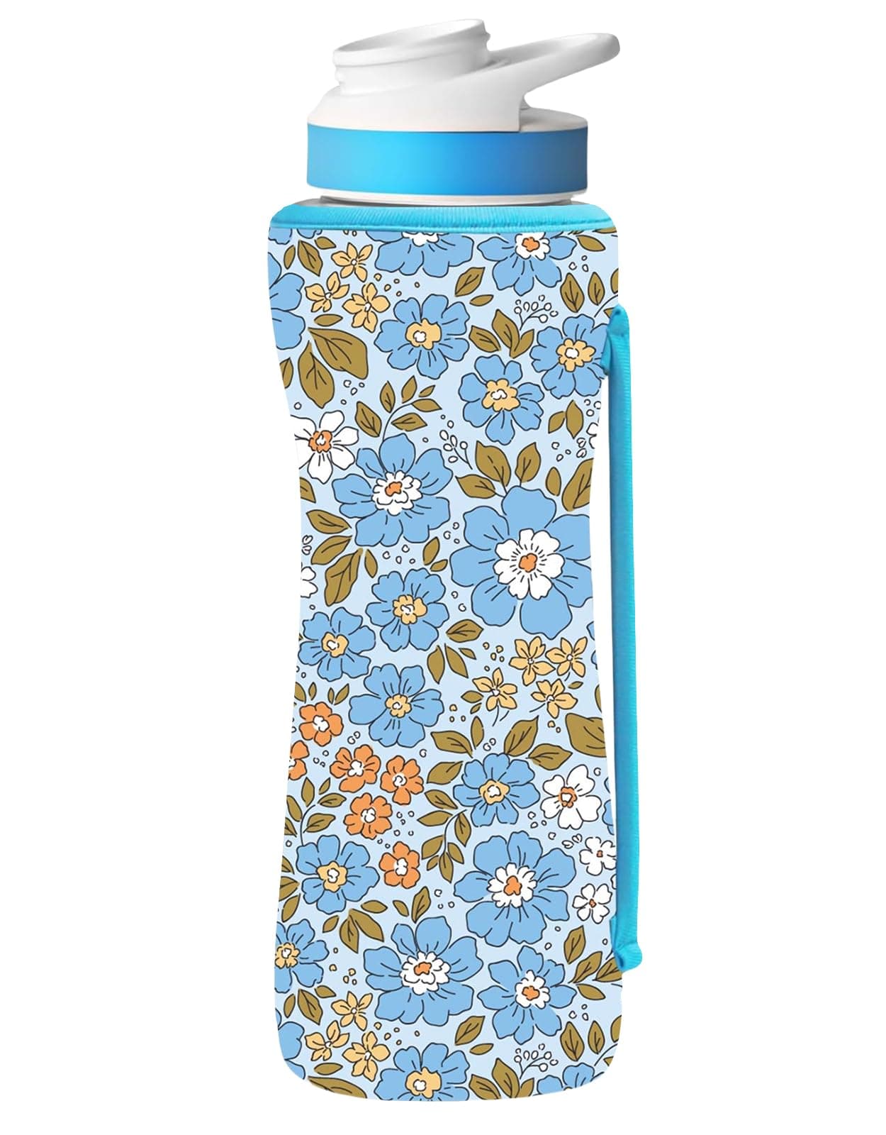 32oz Cute Printed Sleeve Compatible With Cirkul Water Bottle For Plastic And Stainless Steel Bottles 32oz Neoprene Sweat-Wicking Material Insulated Cover Designed With Handles (Blue Flower)