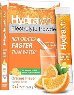 Hydralyte Electrolyte Hydration Powder Packets | Lightly Sparkling | Single Serve Powder Drink Mix for Workout, Cold & Flu, Late Night Recovery | NON-GMO, Instant Dissolve | All Natural Orange, 12 ct