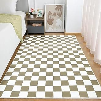 Terrug Beige and White Checkered Rug for Bedroom,4x6 Area Rugs Washable with Non Slip for Living Room,Soft Low Pile Stain Resistance Retro Carpet for Dorm Kids Room