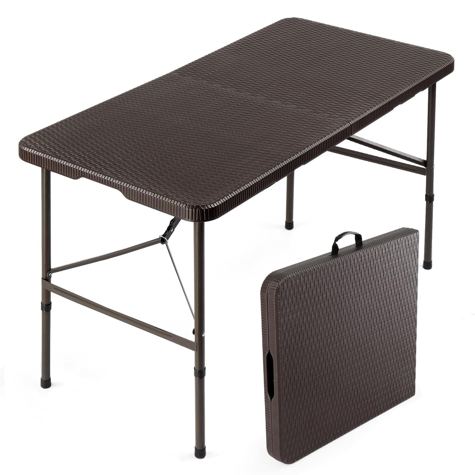 4 FT Plastic Folding Camping Table, Portable in/Outdoor Party Picnic Dining Desk,Garden Soccer Multipurpose Entertaining Activities, Brown