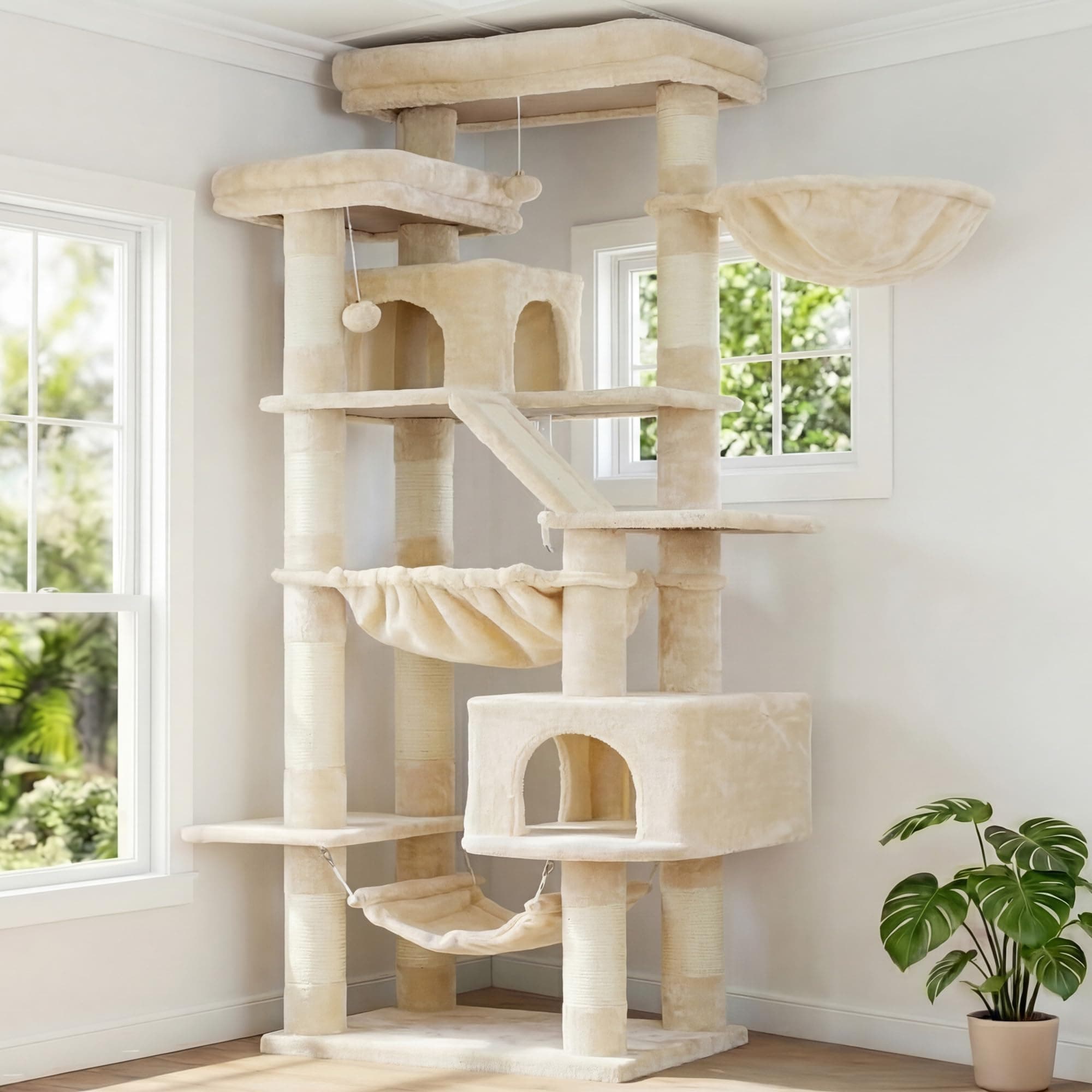 Heybly Cat Tree, 71-Inch-Tall Tower for Indoor Cats with 2 Perches, 2 Big Condos, 2 Hammocks, Basket, Scratching Pad, Large Cat Furniture and Condo, Beige HCT034M