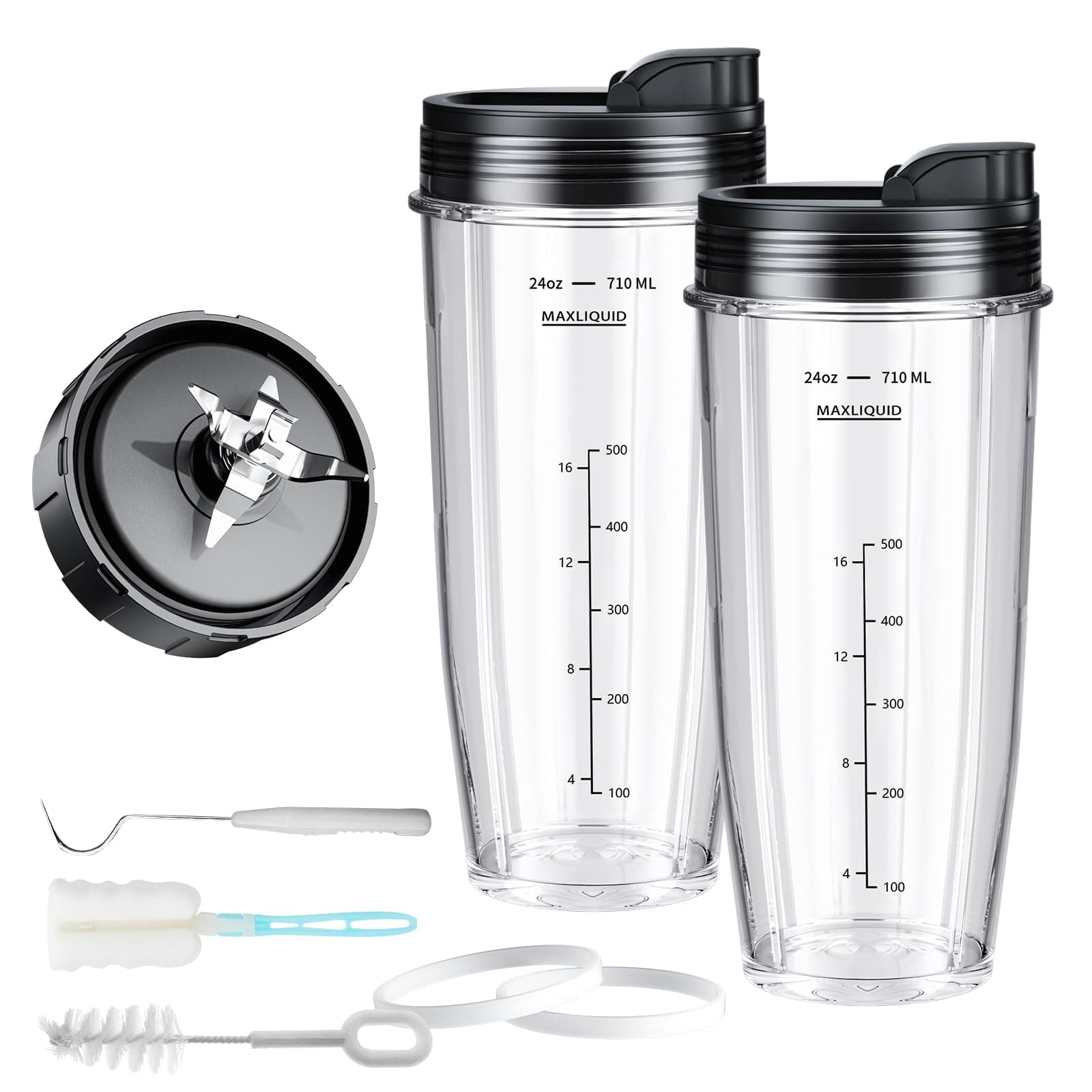 Blender Replacement Parts for Ninja, 2 24oz Cups with To-Go Lids, 7 Fins Extractor Blade, for Nutri Ninja Auto iQ BN801 BL480-30 BL640-30 BL642-30 NN100-30 BL2012 (2 Pack)