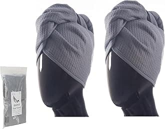100% Turkish Cotton Hair Towel Wrap for Women,Non Microfiber,Super Absorbent,AntiFrizz,Plopping Hair Drying Waffle Bath Towels for Curly,Long&Thick Hairs,Head Wrap,2 Pack10x26inc (Grey+Grey)