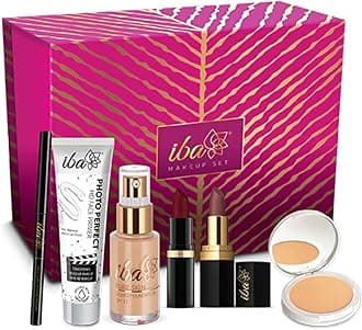 Iba Makeup Gift Set for Women (Dusky) | Foundation, Compact, Primer, Lipsticks, Kajal | Long Lasting | Full Coverage | Bridal Makeup Kit for Women | 100% Vegan & Cruelty-Free (6 items makeup combo in the one set)
