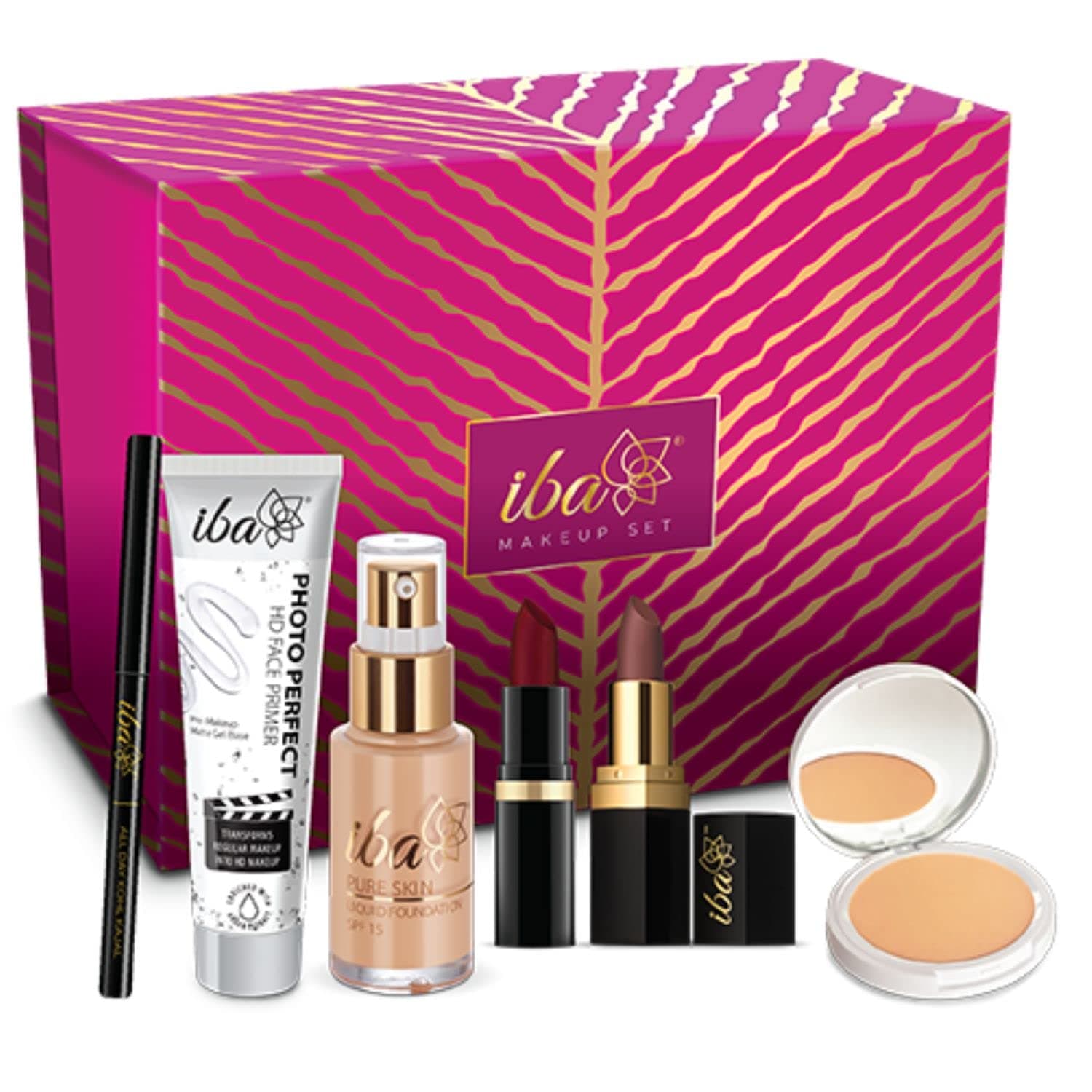 Iba Dusky Makeup Gift Set for Women | Foundation, Compact, Primer, Lipsticks, Kajal | Long Lasting | Full Coverage | Bridal Makeup Kit for Women | 100% Vegan & Cruelty-Free (6 Items)