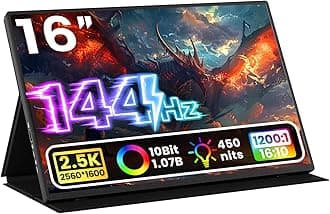 Portable Monitor 16 inch 2K QHD 2560X1600 450 Nits 106% sRGB 144 Hz HDR HDMI USB-C Travel Monitor for Laptop Mac PC Surface PS5 Xbox, External Display with Cover & Speakers, VESA Compatible