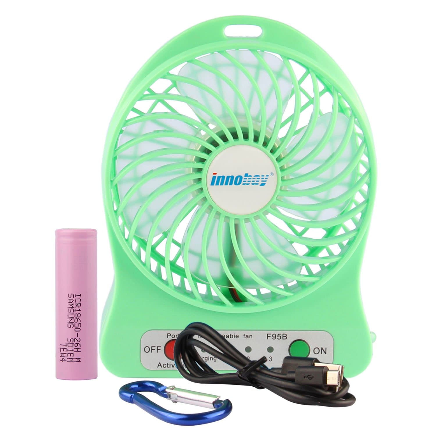 innobay® 4-inch Personal Desktop USB Fan Powered Rechargeable Lithium Battery, 3 Speeds Setting, w/Led Lamp (Green)