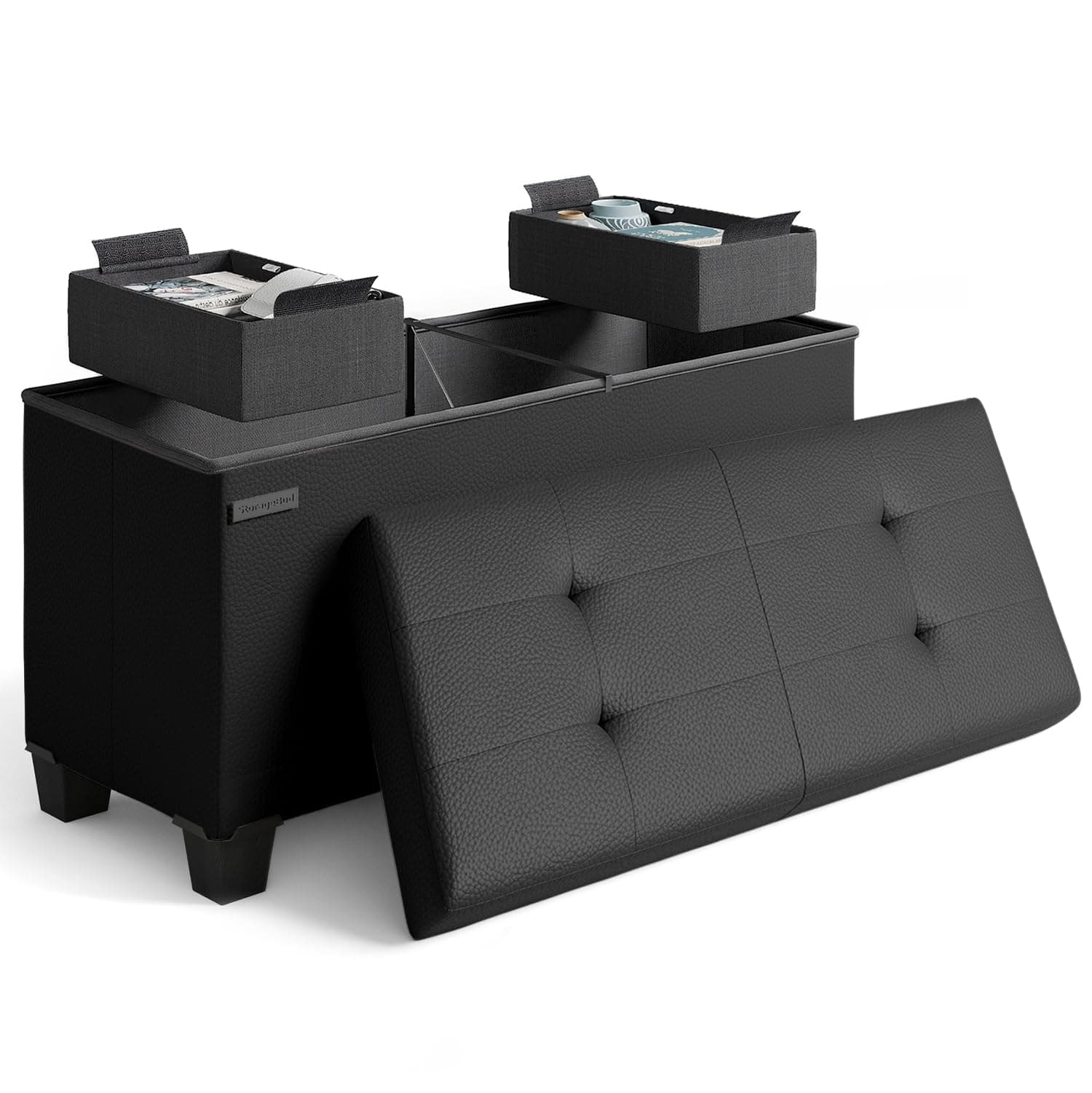 Storage Ottoman Bench with Bins, 30-in Storage Bench for Bedroom End of Bed, Folding Foot Rest Ottoman for Living Room Max 660lbs, Faux Leather Ottomans, Black
