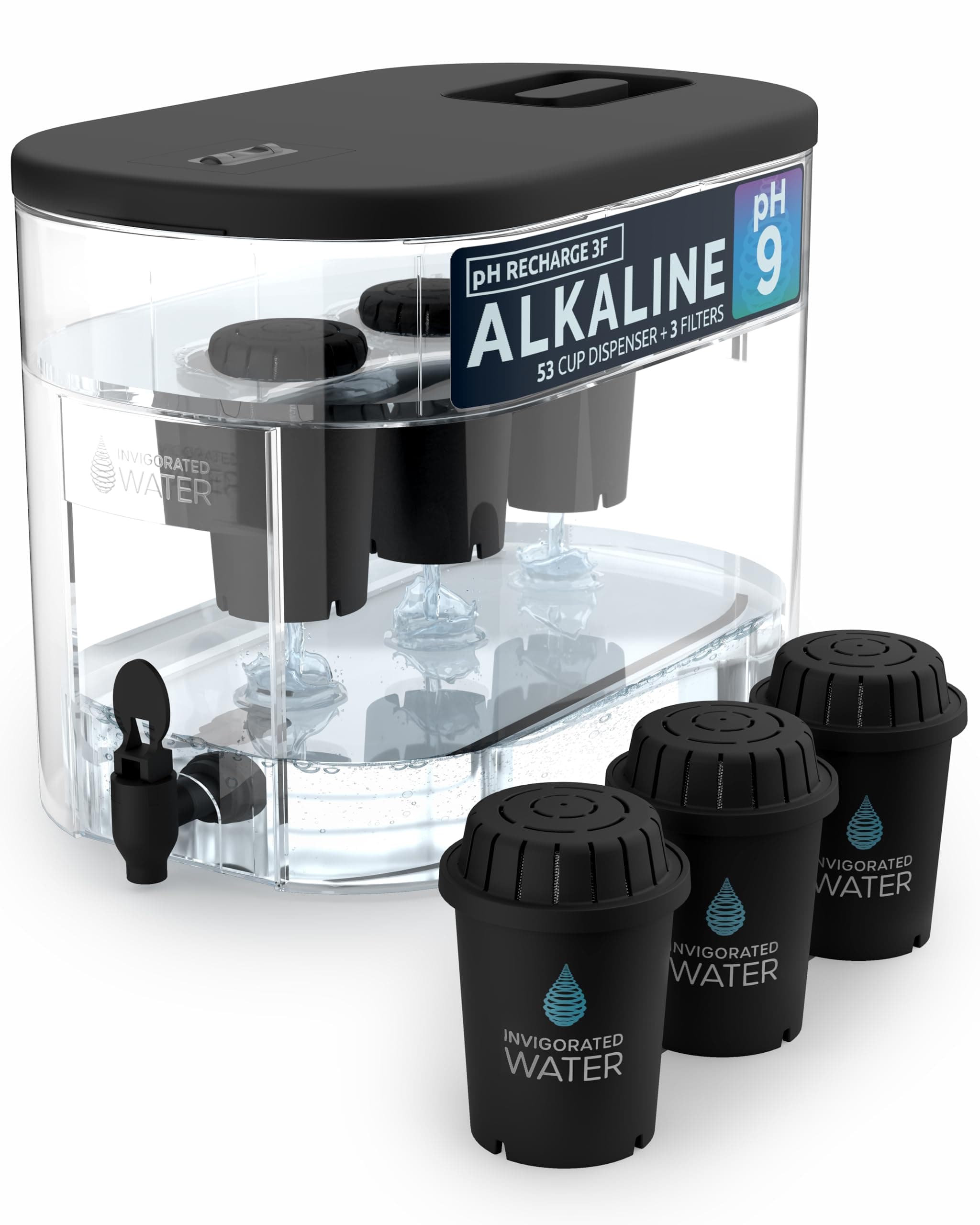 Invigorated Water - Alkaline Countertop Water Filter Dispenser, Large 52-Cup Capacity, Mineralized Alkaline Water, BPA-Free, 96 Gallons/Filter (Black, 3 Filters Included)