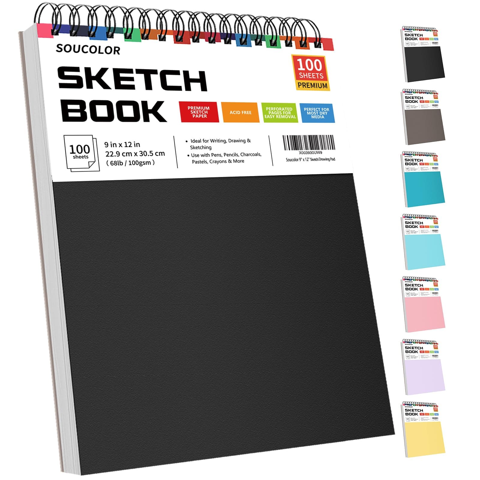Soucolor 9" x 12" Sketch Book, 100 Sheets Top Spiral Bound Sketchbook with Acid-Free 68lb/100gsm Thick Drawing Paper, Art Sketch Pad for Kids, Adults & Artist, Professional Art Supplies for Beginners