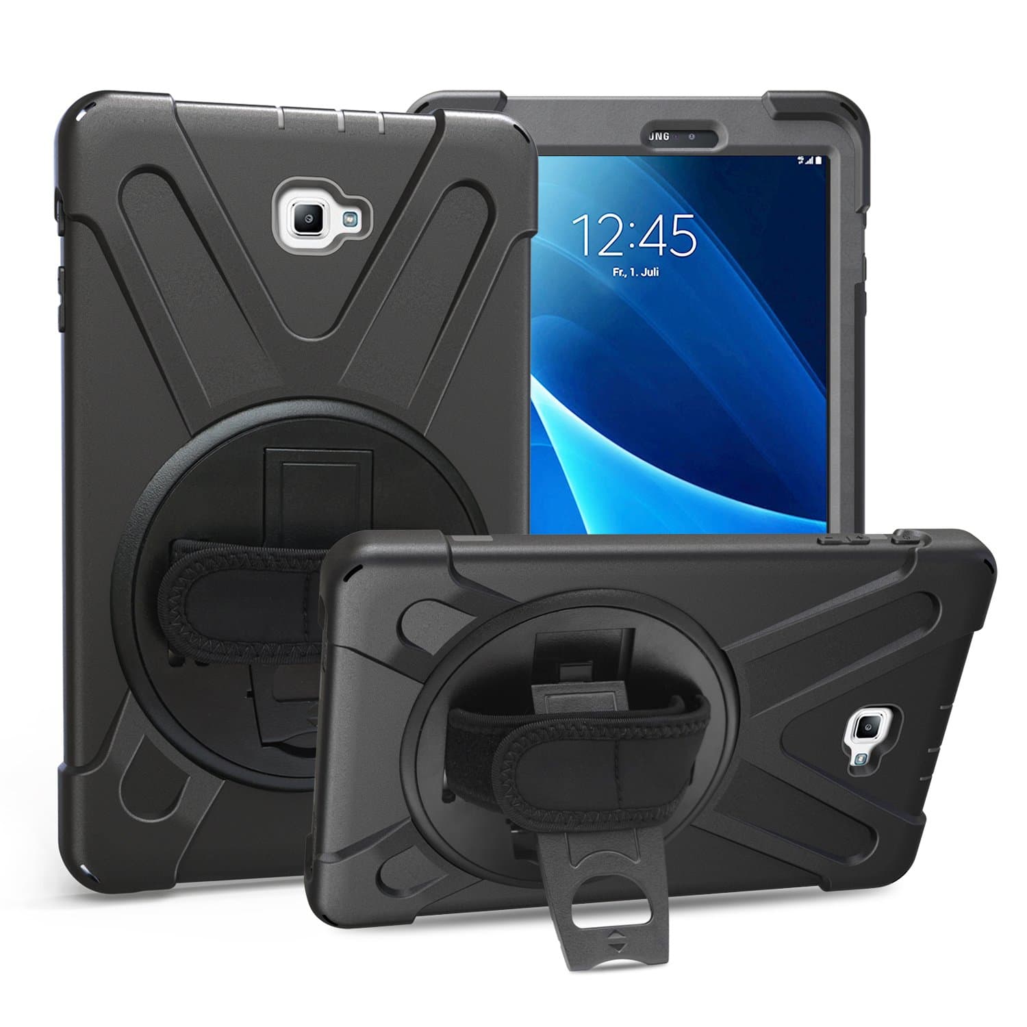 Samsung Galaxy Tab A 10.1 Case, Heavy Duty Rugged Full-Body Hybrid Shockproof Drop Protection Cover with Kickstand and Hand Strap for for Galaxy Tab A 10.1 Inch Tablet SM-T580/T585 (Black)