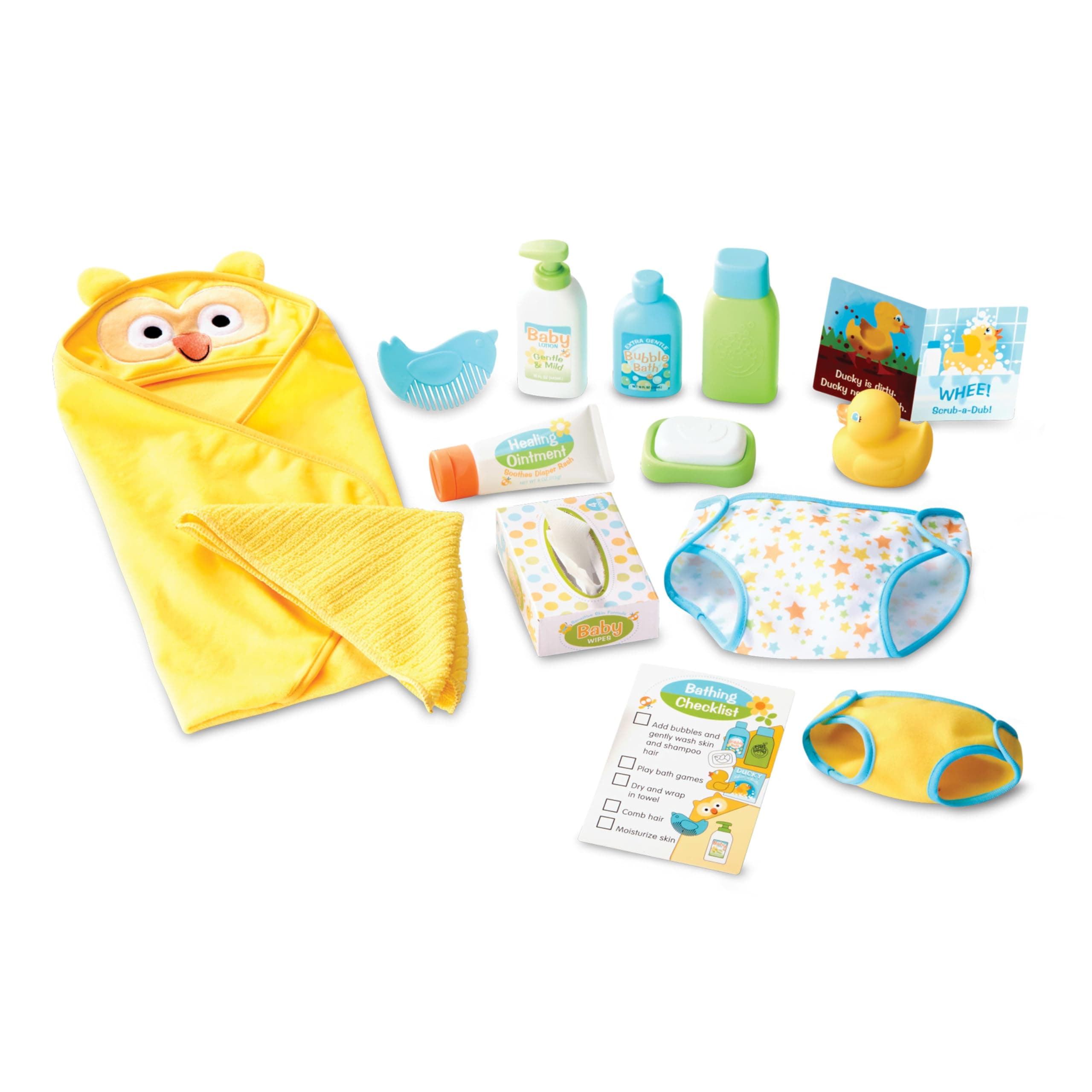 Mine to Love Changing & Bathtime Play Set for Dolls – Diapers, Pretend Shampoo,Wipes, Towel, More (19 pcs)