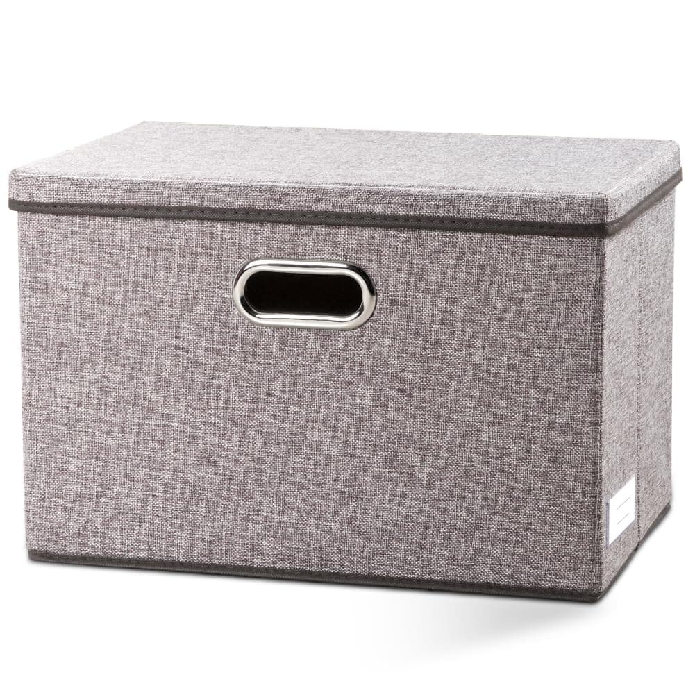 Large Foldable Storage Bin with Lid [1-Pack] Linen Fabric Decorative Storage Box Organizer Containers Basket Cube with Handles Divider for Bedroom Closet Office Living Room (17.7x11.8x11.8)