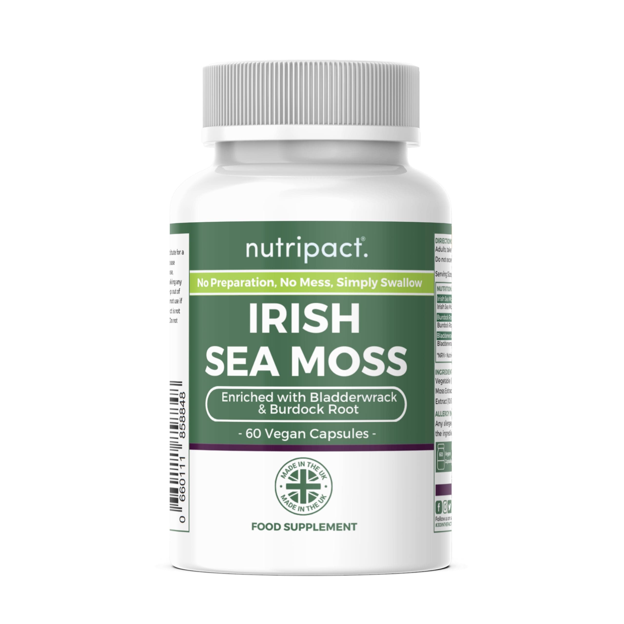 Nutripact Sea Moss Capsules, Bladderwrack and Burdock Root - 3280mg per Serving - One a Day High Strength - Easy to Swallow - Natural Source of Iodine - Chondrus Crispus - 60 Vegan Capsules
