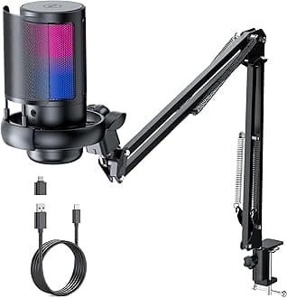 RGB Gaming Microphone with Boom Arm: USB Mic for PC - Streaming Microphone - Podcast Microphone Accessories - Mic for Computer - Suit for Youtube Titok