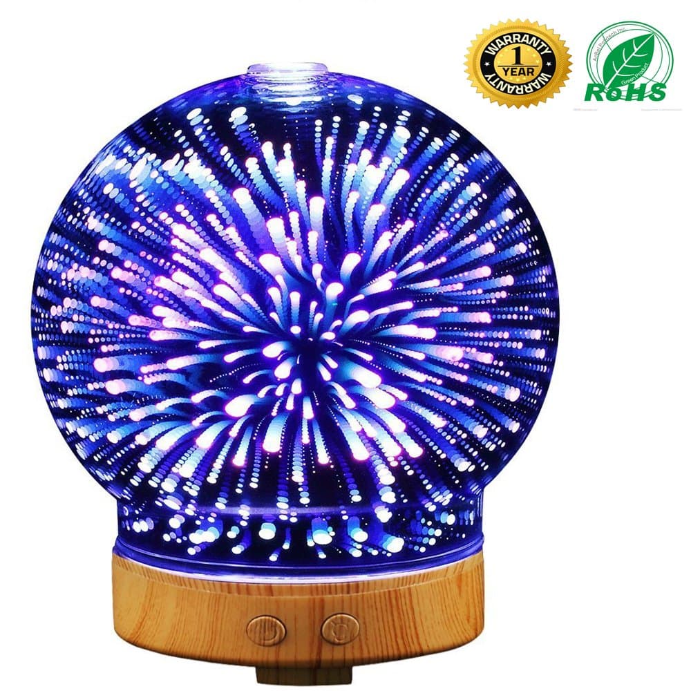 Aromatherapy Oil Diffuser, AOPERK 3D Glass Ultrasonic Air Humidifier 100ml with 14 Color Changing LED lights Waterless Auto Shut-off Function for Home Office Baby Room (Starry sky)