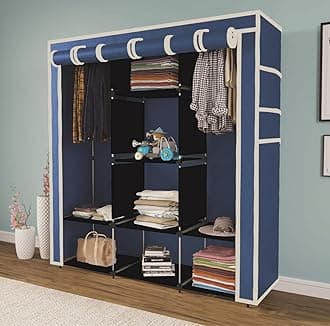 GTC Collapsible Wardrobe Almira for Clothes, 2 Hanging Space, 8 Shelves and 2 Side Pocket Non-Woven Fabric 90 GSM (Blue, 88230Blue-N)