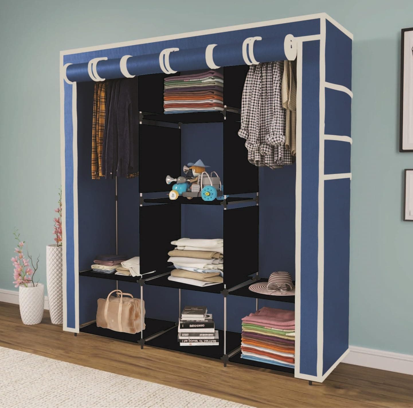 GTC Collapsible Wardrobe Portable Foldable Closet for Clothes Almira, 2 Hanging Space, 8 Shelves Non-Woven Fabric 90 GSM (88230) (Blue)