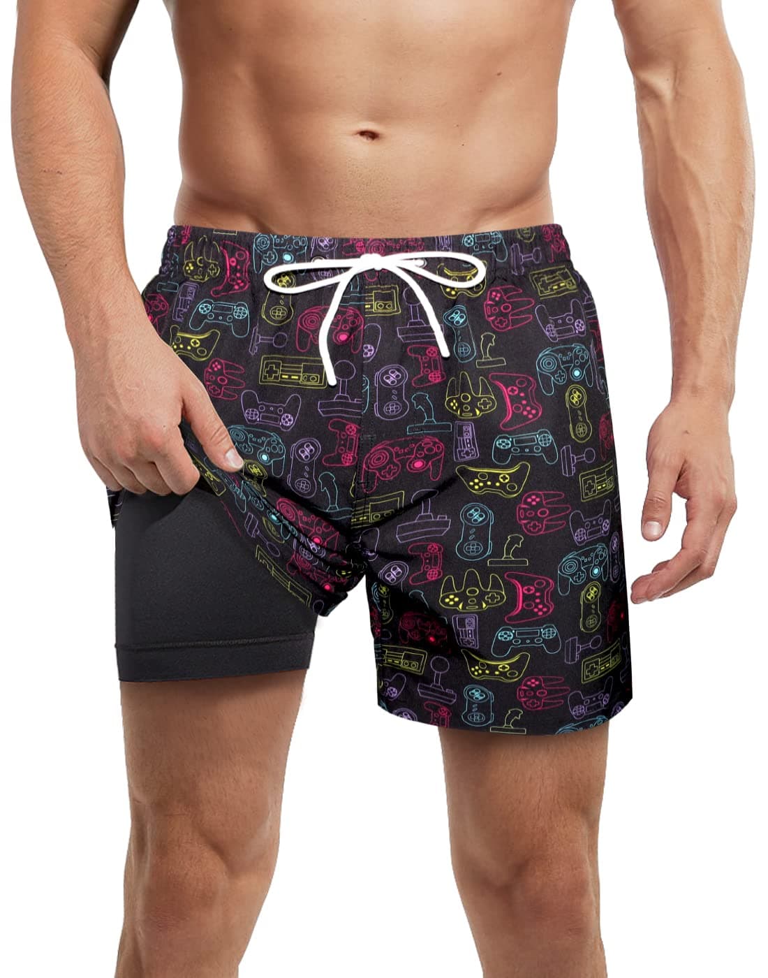 LUCOWEEMens Swim Trunks with Bult-in Boxer Briefs Compression Liner Anti Chafe Quick Dry UPF 50+ Swimming Shorts 5-6" Inseam Bathing Swimsuit