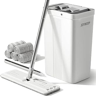 Mop and Bucket with Wringer Set, White Flat Squeeze Mop Bucket Set for Floor Cleaning, Wet Dry Mops for Walls, Wall Cleaner with Long Handle, Hardwood Floor Mop-5 Microfiber Cloths