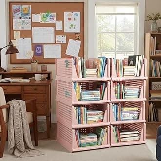 mechdel Stackable and Foldable Wardrobe, Foldable Shirt Storage Stacker, Collapsible Wardrobe, Mounted Closet Storage and Organisation System (8PCS, Foldable Stackable - Dark Pastel Pink)