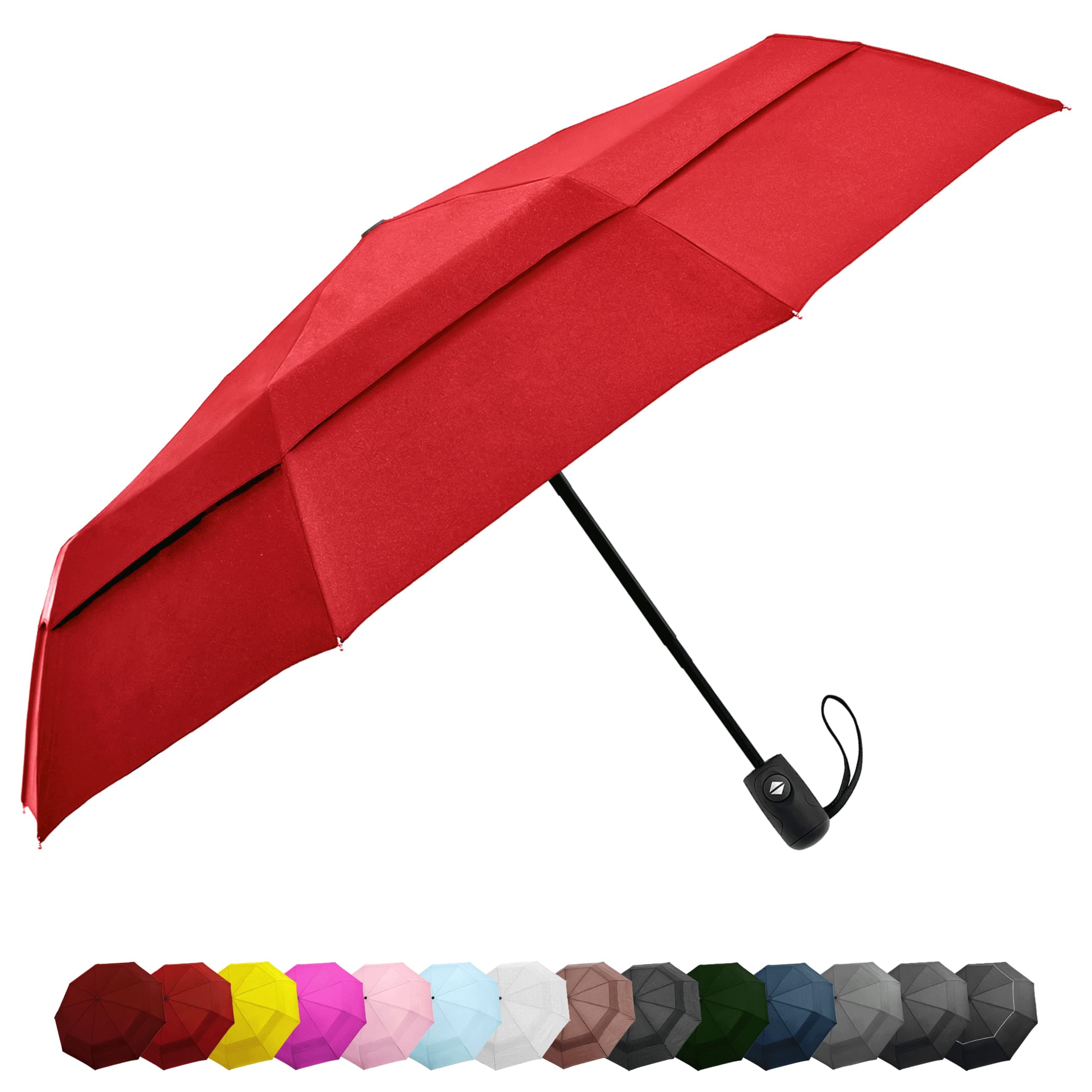 Windproof Compact Umbrella for Rain - 42” Travel Umbrella, Portable, Strong, Collapsible to 11”, Automatic Open Close Button, Vented Double Canopy with Fiberglass/Steel Frame, Wind Resistance to 55MPH