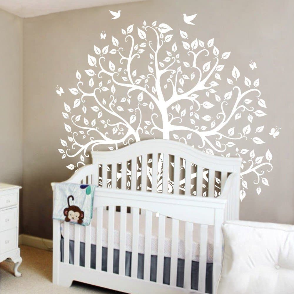 MairGwall Tree Wall Decal with Birds Vinyl Natural Theme Wall Art Sticker Baby Nursery Decal Wall Decor (Medium, White)