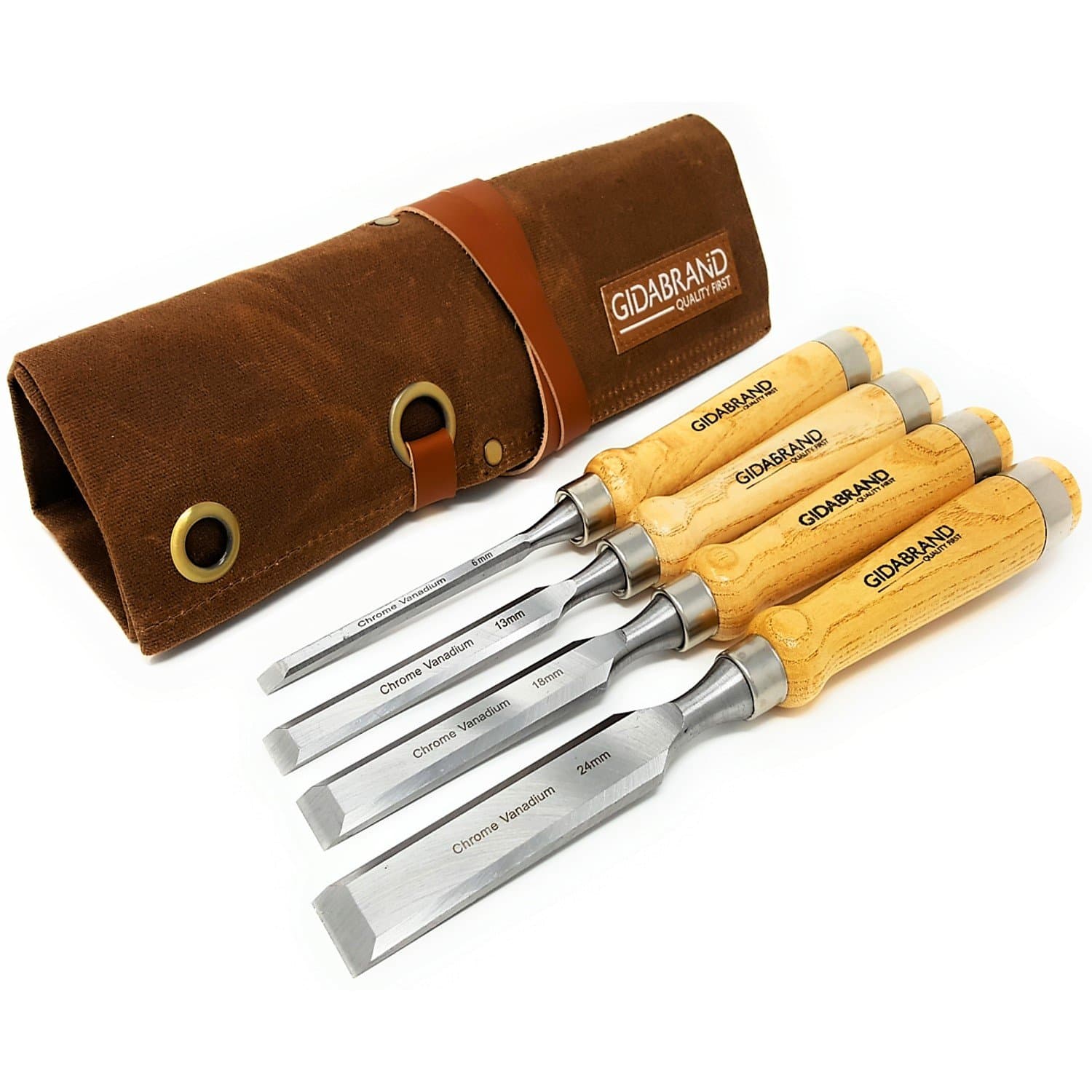 Professional Wood Chisel Set with Tools Roll Bag – Carving & Woodworking Equipment with Chrome Vanadium Steel Blades & Ergonomic hardwood Handles – Sizes 6mm, 13mm, 18mm, 24mm (1/4”, 1/2”, 3/4”, 1”)