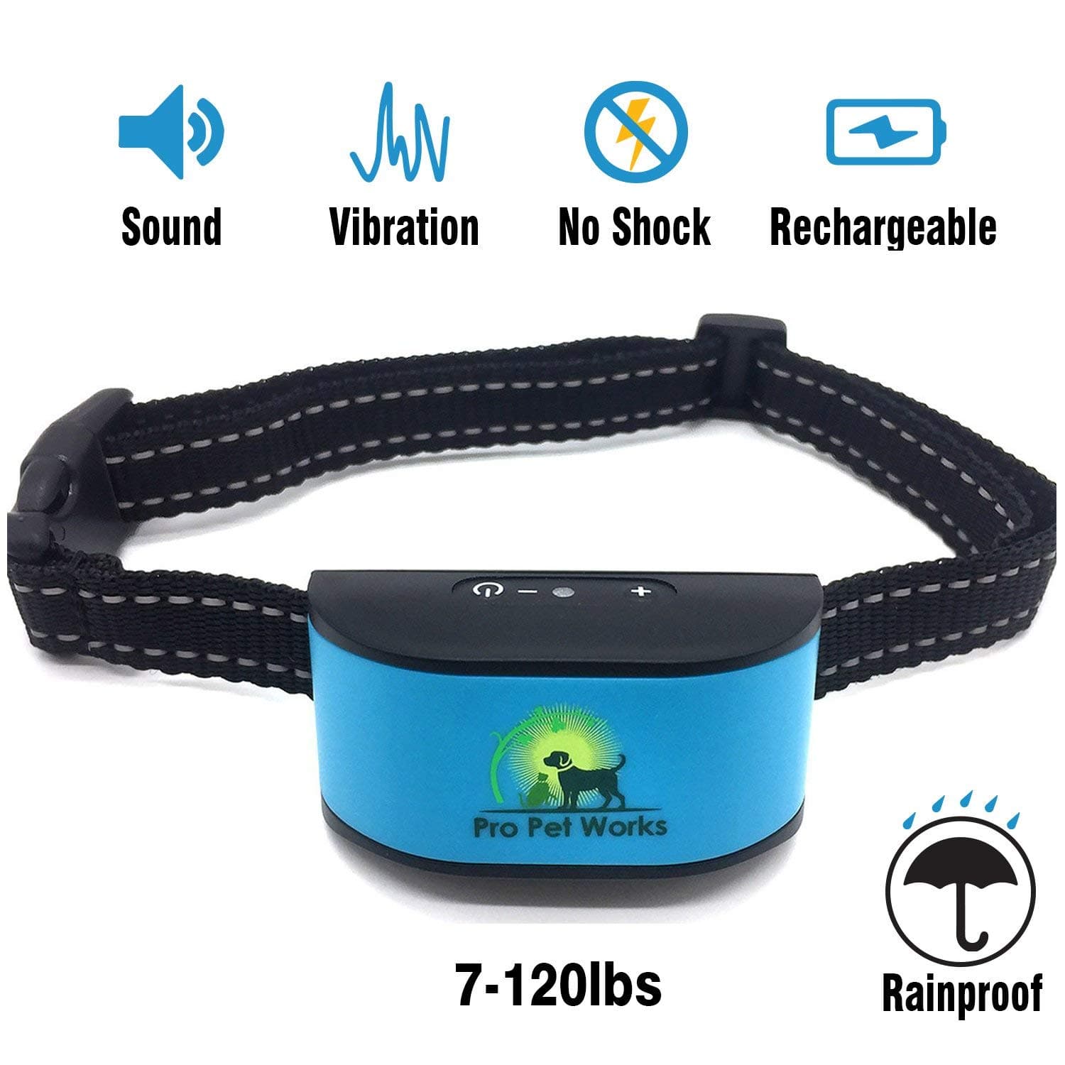 [2017 CHIP] Pro Pet Works RECHARGEABLE No Bark Dog Collar -NO SHOCK (NO POINTY PRONGS) Bark Control Training Collar For Small Medium And Large Dogs, 7-120 lbs
