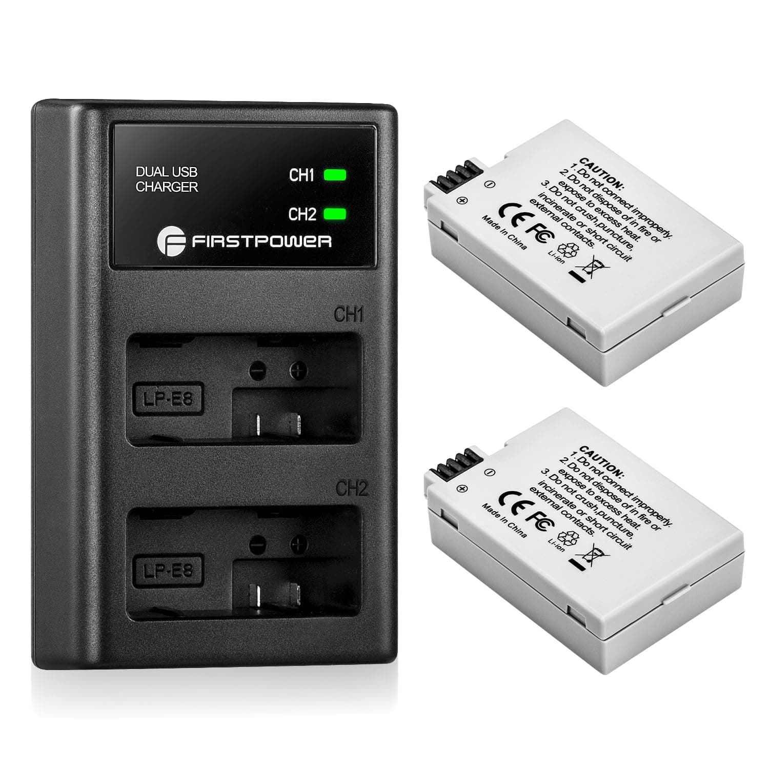 FirstPower Replacement Canon LP-E8 Battery & Dual Channel Charger Compatible with Canon Rebel T3i T2i T4i T5i EOS 550D 600D 650D 700D Kiss X5 X4 X6 X6i X7i LC-E8E Digital Camera (1900mAh 2 Pack)
