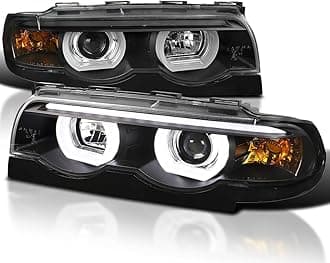 Black LED Dual Halo Projector Headlights Compatible with 1995-2001 BMW E38 7-Series, Left + Right Pair Headlamps Assembly